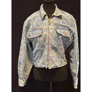 Lizwear Paisley Blue Jean Jacket Cropped Sz Sm